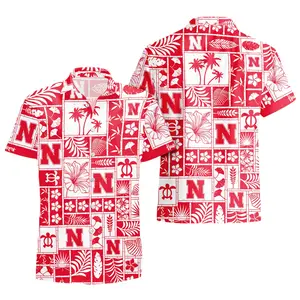 Nebraska Huskers Red White Hawaiian Lapel Shirt, Button Down Summer Beach Short Sleeve, Tropical Style, Sizes S-5XL Top Womenswear