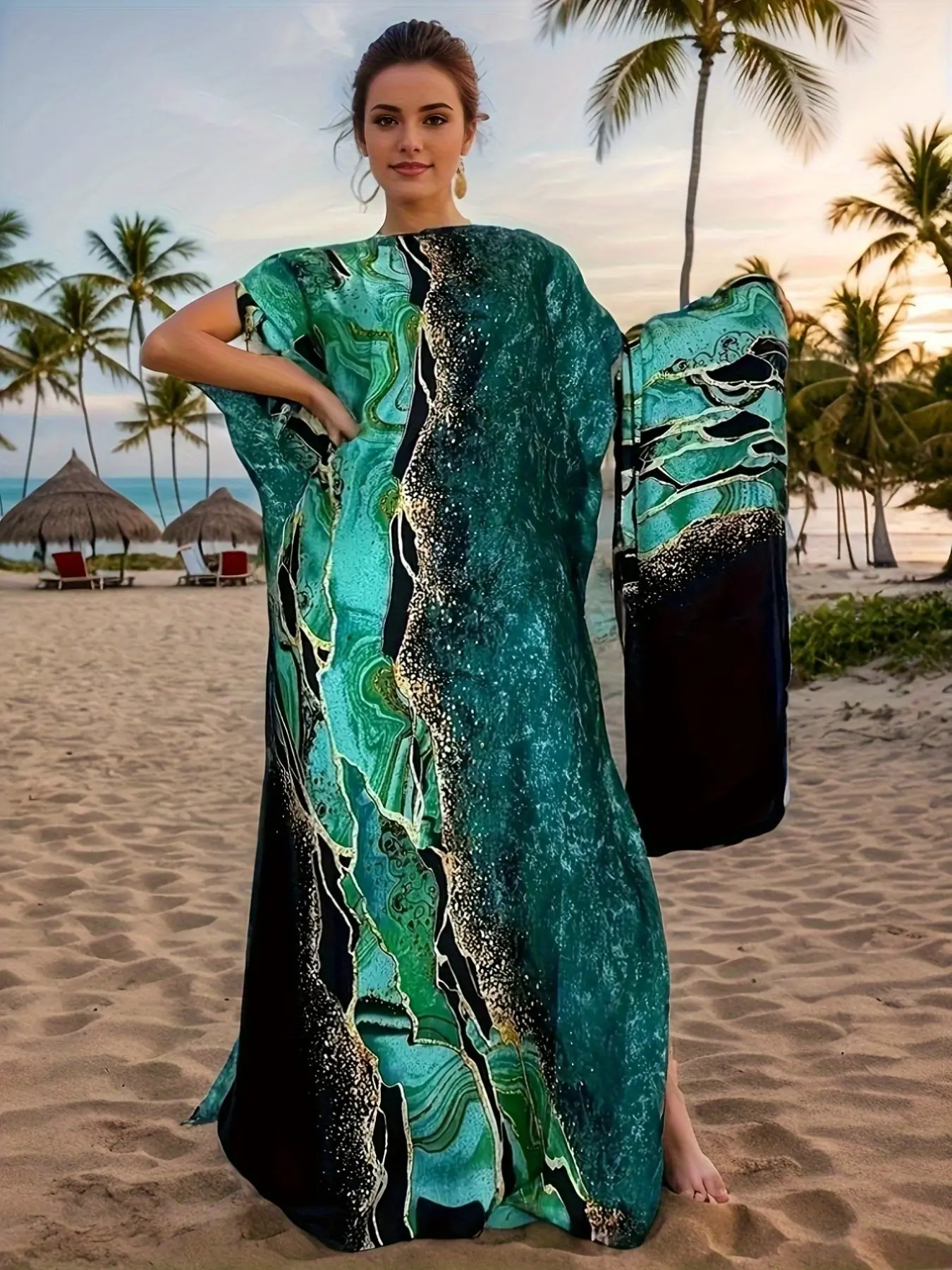 1pc Ladies Turquoise Printed Silk Satin Malay Suit Drape Loose Long Muslim Abaya Comes with Scarf New Silk Satin Art Printed Malay Suit Hijab