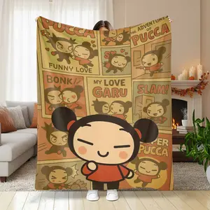 Pucca Cartoon Print Flannel Fleece Blanket Funny Love & My Love Garu Design Ultra Soft Cozy Lightweight Warm Breathable Bedding for Sofa Couch Bedroom Living Room Gifts