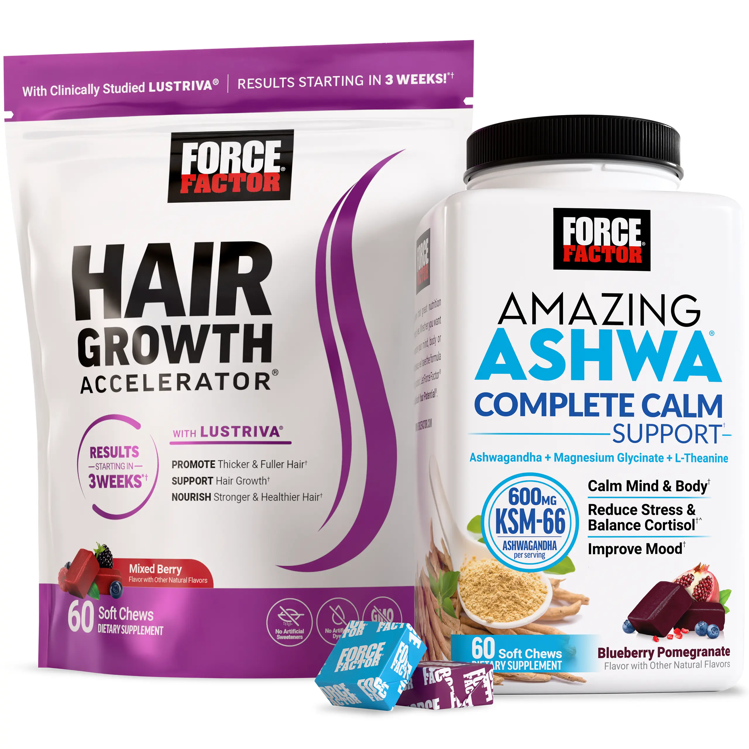 Force Factor Hair Growth Accelerator, Clinically Studied Lustriva, Promotes Thicker, Fuller, Stronger Hair AND Amazing Ashwa Complete Calm Support with KSM-66 Ashwagandha, Like Ashwangandha Gummies to Promote Calm & Relaxation with Magnesium & L-Theanine