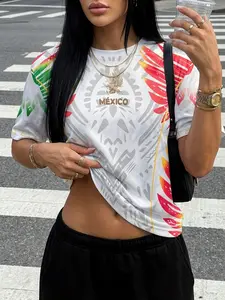 Women's Mexican Eagle Totem Gradient Feather Print Short Sleeve T-Shirt, Loose Fit Oversized Streetwear Football Top