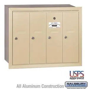 Salsbury 3504SRU Recessed Mounted Vertical Mailbox 4 Door with USPS Lock, Sandstone