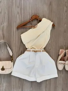 New Summer Spring High-Waisted Slimming Chic Fashion Womenswear Clothes Set, One-Shoulder Top + Rolled Hem Shorts, Women's Two-Piece