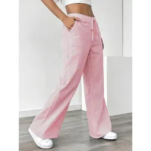 Slant Pockets Wide Leg Pants, Casual Striped Print Loose Drawstring Waist Pants For Spring & Summer, Women's Clothing