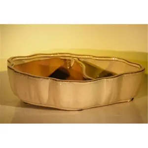 212 MAIN Oval Beige Ceramic Bonsai Pot - 9.5x7.5x2.25 in., Scalloped Edge, Land Divider for Home, Garden Planter Use