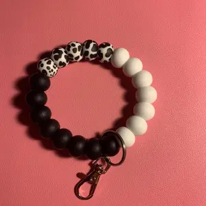 Cow print beaded wristlet keychain