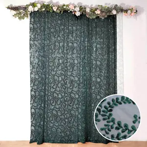 Hunter Emerald Green Embroider Sequin Backdrop Drape Curtain, Sparkly Sheer Event Divider Panel With Embroidery Leaf - 8ftx8ft