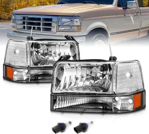 AmeriLite for 1992-1996 Ford F150 F250 F350 Bronco OBS Truck Chrome Replacement Headlight Assembly w/Bumper Corner Lamp Set - Driver and Passenger Side