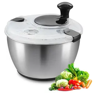 Multi-functional Stainless Steel Salad hand-crank Spinner, 5Qt Large Lettuce Dryer, BPA-Free Vegetable & Fruit Washer with Drain, Easy Clean, Non-Slip Base, Transparent Lid