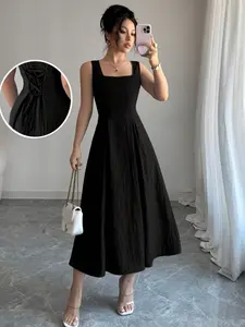 Elegant Light Blue Vertical Stripe Square Neck Backless Cinched Waist Dress