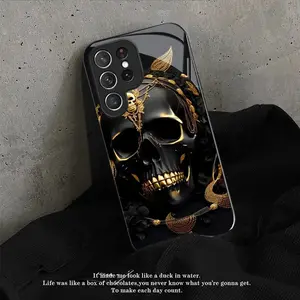 Super Cool Golden Skull Tempered Glass Black New Phone Case for Samsung Galaxy S25/S24/S23Fe/S22Plus a Minimalist And Creative High-End Couple'S Design with Great