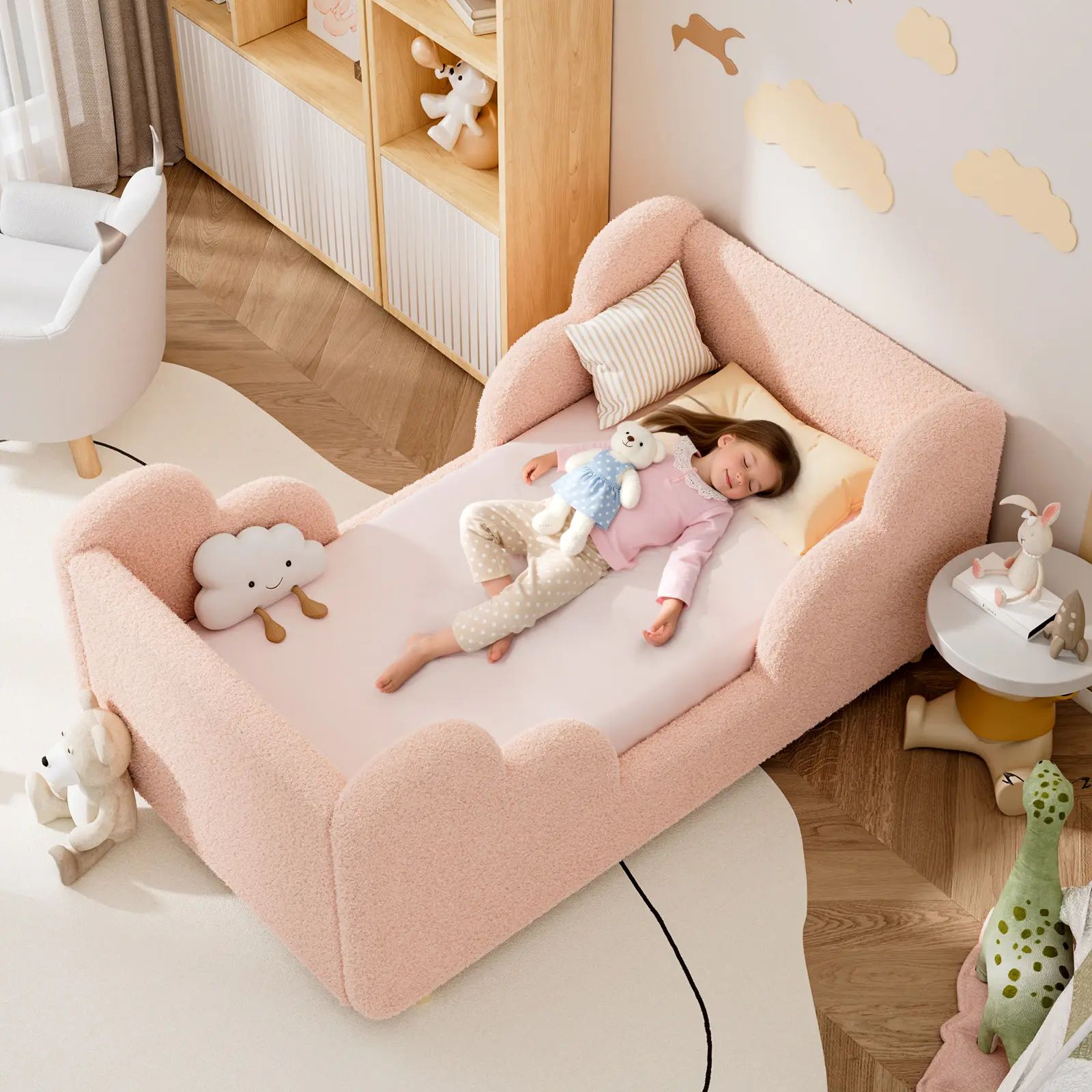 Lilypelle  Toddler Floor Bed, CPC Certified Upholstered，55.9" Cloud-Shaped Kids Bed with 200LBS Load Capacity, Soft Teddy Fleece Toddler Bed Frame for Boys & Girls, No Mattress Included summerwins