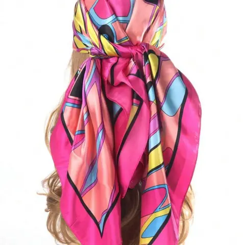 Women's Large Satin Scarf for Hair 90cm, High-Quality Geometric Pattern Shawl, Elegant, Fashion Accessory for Ladies