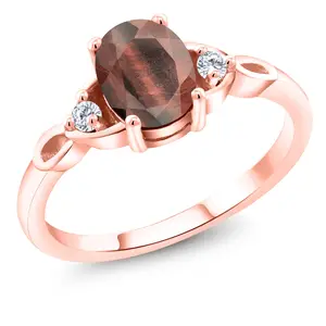 18K Rose Gold Plated Silver Gemstone Birthstone and White Moissanite 3-Stone Ring for Women | Oval 8X6MM with 2MM Round Accents | Three Stone Wedding Anniversary Engagement Promise Ring | Sizes 5-9