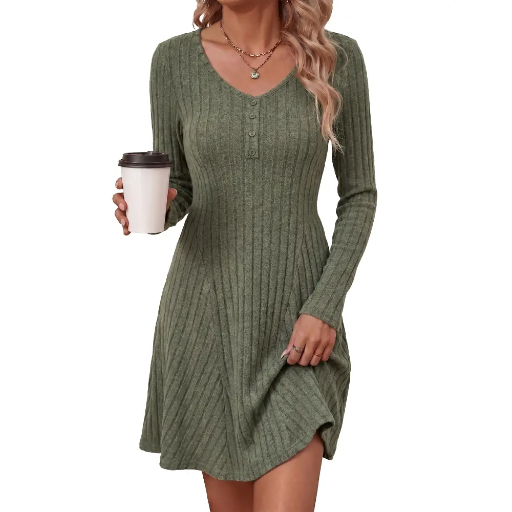Dokotoo Women Fashion Fall Casual 2026 V Neck High Waist Solid Long Sleeve Dresses