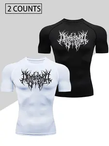 2PCS Men's Compression T-Shirt Set, Breathable Sweat-Wicking Dry Fit Tight Fit Sports Shirt, Gothic Print, High Stretch Casual Gym Running Top
