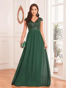 Women's Sequins Patchwork Waist Formal Wear Evening Dress, Elegant Pleated Skirt Design Evening Party Gown, Ladies Clothes for All Seasons