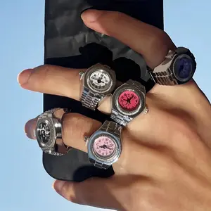 Silver Square Basic Fashion Women's Ring Mini Dial Watch Simple Elastic Strap Timely Ring Watch