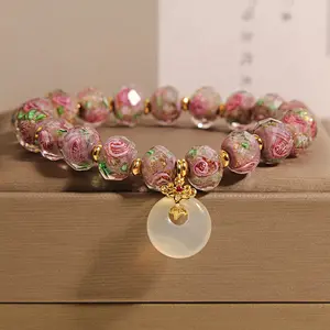 Women's Pink Rose Quartz Crystal Bracelet - Peace Buckle, Energy Stone, Glass Beads, Rose Motif Crystal Chain - Ideal for Peace & Romance, Everyday Wear, Friend Gift