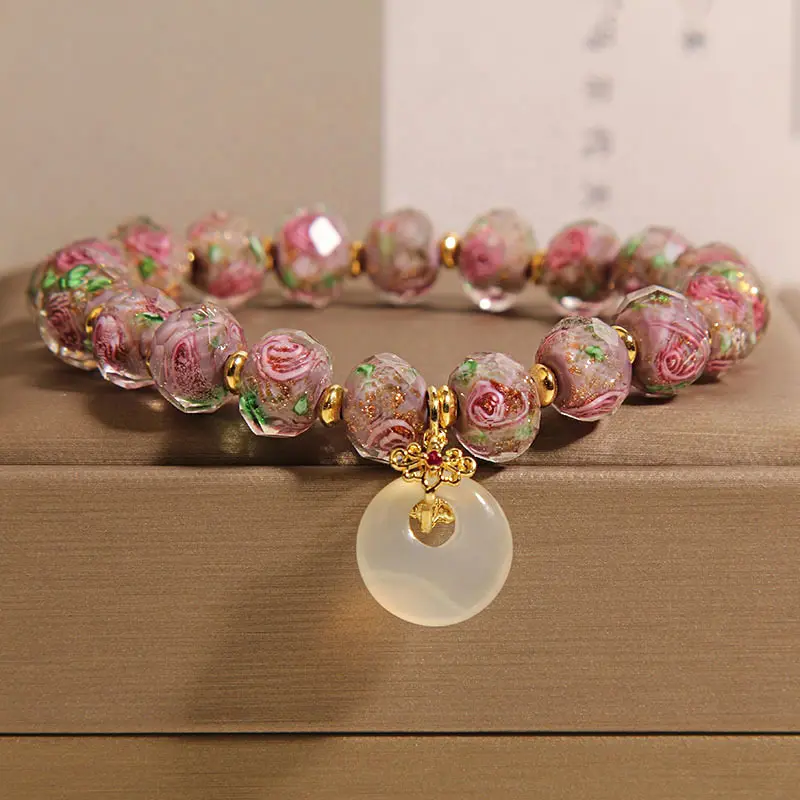 Women's Rose Quartz Beaded Jewelry Bracelet - Pink, Peace Buckle, Energy Stone, Glass Beads, Rose Motif Chain - Ideal for Friend Gifting, Beaded Bracelets