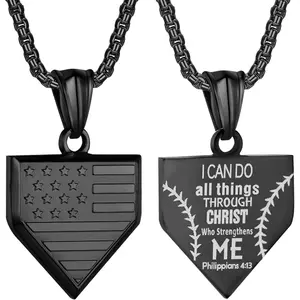 Baseball Home Plate Necklace for Men USA Flag Shield Pendant Stainless Steel Chain 22+2 inch Inspirational Patriotic Jewelry Personalized Baseball Gift for Boys
