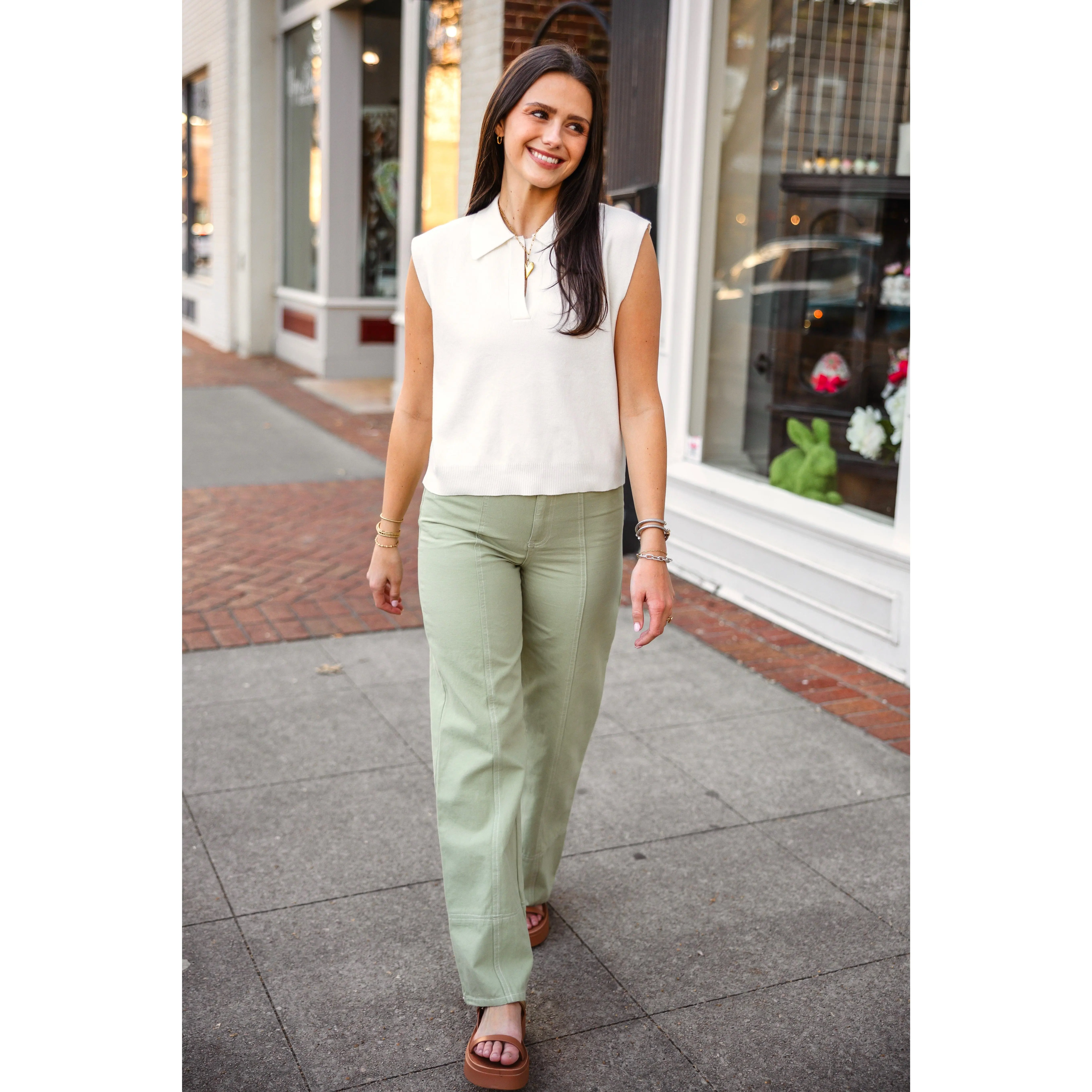 Sage contrast stitch pants