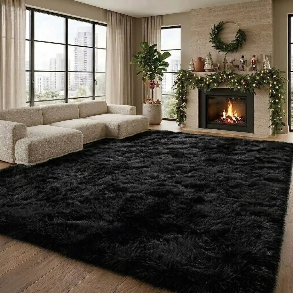 【Back To School & Christmas】Black Furry Shaggy Area Rug - Super Soft Polyester Rug, Upgraded Anti-Slip Bottom, Modern Thick Silky Room Accessories, 4 Carpet Stickers Included, Ideal for Living Room Bedroom, Dry Clean Only, Multi Sizes，Deals For You