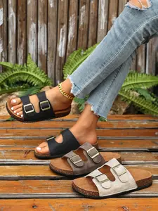 Women's Fashionable Adjustable Double Buckle Design Slides, Casual Comfortable Flat Sandals for Beach, Non-slip Slides for Indoor & Outdoor Wear, Walking Shoes