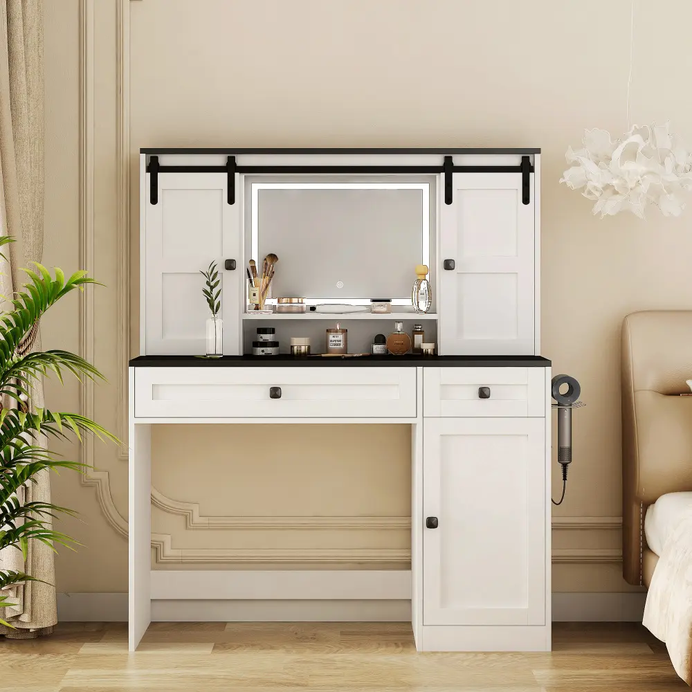 Farmhouse White 43" Wide Makeup Vanity Dressing Table Set, Modern Indoor Furniture with Lighted Mirror, Makeup Drawer, and Hair Dryer Holder for Bedroom