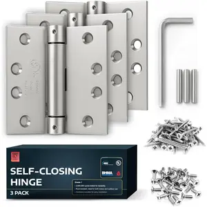 Satin Door Hinges 4.5 Inch Self Closing Hinge  Adjustable Spring Hinges for Commercial Grade Self-Closing, UL Listed 3 Pack