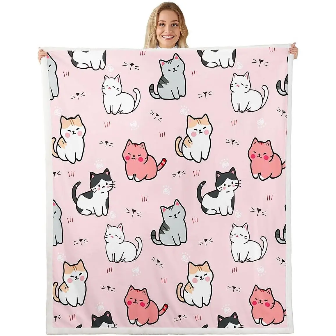 Cartoon Cat Blanket,Cute Kitten Print for Kids Boys Girls Cat Lover Gifts,Animal Paw Print Throw Blanket for Bed Sofa Couch,Kawaii Pet Theme Bedroom Decor,Pink Baby
