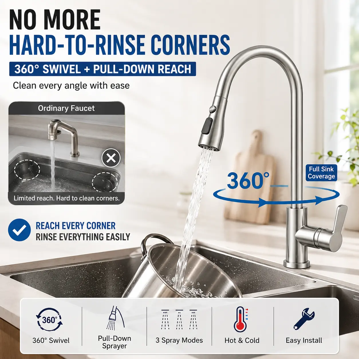 Bella Kitchen Faucet 304 Stainless Steel Pull Down Kitchen Faucet, 3 Modes Sprayer Head, Swivel High Arc Sink Tap with 2 Pcs Explosion Proof Supply Hoses, Brushed Nickel Modern Kitchen Sink Faucet