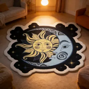 1 pcs, living room rug, sun and moon pattern, irregular square rug, Bohemian Style Rugs, washable and machine washable, non-slip rug, suitable for living room, study, and bedroom. A high-end gift for a friend.