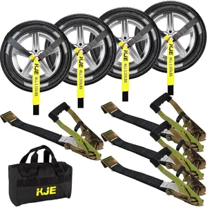 KJE 4 Pack Car Straps for Trailers - Tire Ratchet Strap with Flat - 2" x 10' 10,000LBS Break Strength - Lasso Style Wheel Straps for Hauling UTV, SUV, Any Cars
