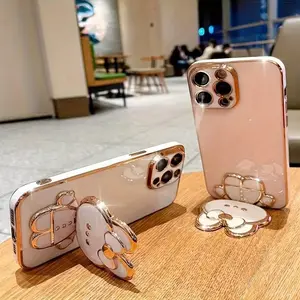 New Rabbit Phone Stand with Makeup Mirror, Adhesive Holder for iPhone Samsung Xiaomi, Hollow Out Lazy Man Desk Stand