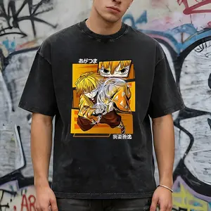 Zenitsu Anime Graphic Tee 100% Cotton Vintage Oversized T-Shirt Demon Slayer Harajuku Streetwear Acid Wash Tshirt Men Women