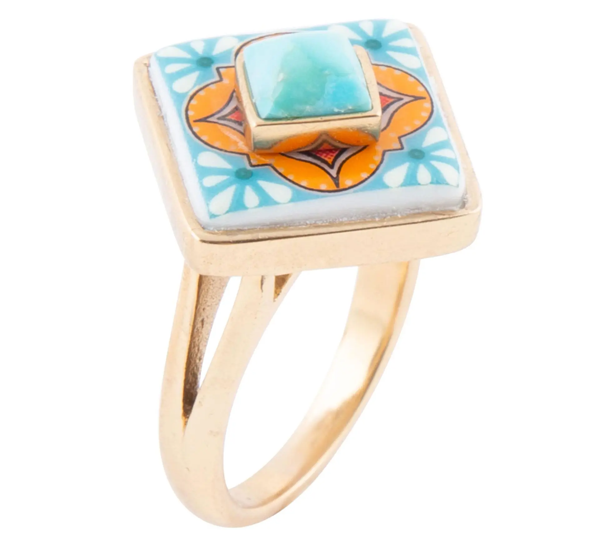 Barse Artisan Crafted Blue Turquoise Golden Tile Ring