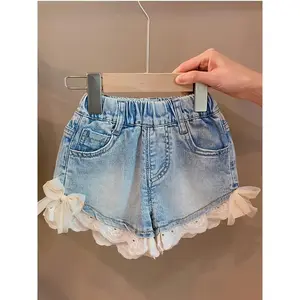 Summer girls' long pants, children's lace jeans, bowknot casual shorts, girls' summer clothing