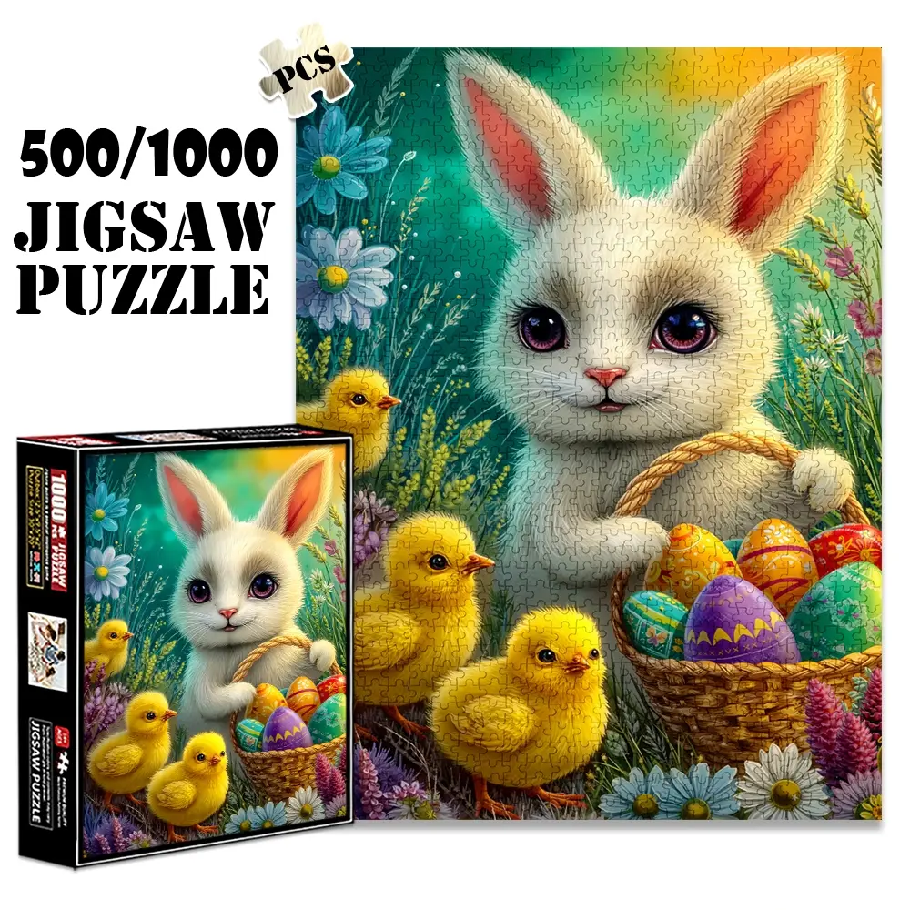 1pc 1000 piece adult puzzle 70x50cm Easter Bunny with Basket of Eggs and Chicks500 pieces paper jigsaw puzzle suitable for DIY creative games for adults and families, birthday and holiday stress rel
