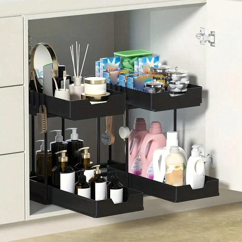 TAIMASI 2-Tier Under Sink Storage Organizer - 1pc Pull-Out Organizers With Slide Out Shelf And Metal Sliding Drawer For Kitchen, Bathroom, Pantry Cabinet, And Closet Organization - Space-Saving Solution For Maximizing Storage Capacity
