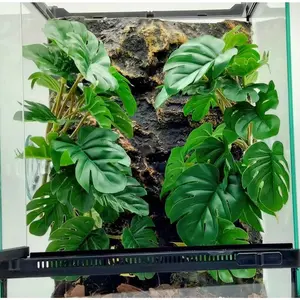 Reptile  for Terrarium Decor, Amphibian Habitat Decor, Snake Tank Accessories, Artificial Hanging  with Suction Cup-2 Packs ( Monstera)