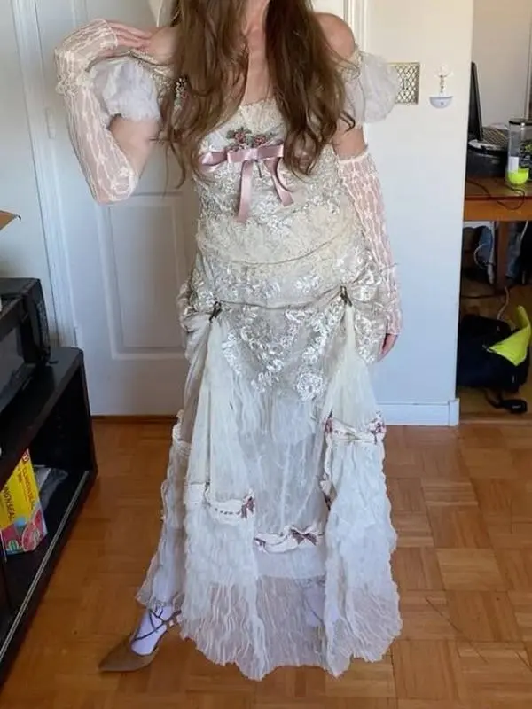 Women's Vintage Cream Embroidered Floral Sheer Lace Tiered Satin Gown - Long Sleeves, Corset, Ruffled Princesscore Casual Dress, Longsleeves Embroidery Skirt, Style, Going Out, Ootd Inspo, 5 To 7, Full Length
