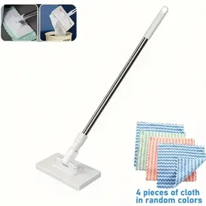 Hand-Free Automatic Mop + 4 Replacement Pads, Heavy-Duty Abs Structure, Space-Saving Design, Compatible with Standard Cleaning Cloths, Handheld Mop