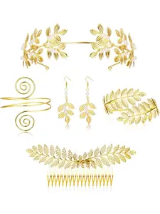Brilliant 6 Pcs Golden Grecian Goddess Costume Accessories Set Elegant Alloy Jewelry Set for Women Men Greek Leaf Headband Coil Bracelet Artificial Pearl Earrings Golden Leaves Bridal Hair Comb Wedding Party
