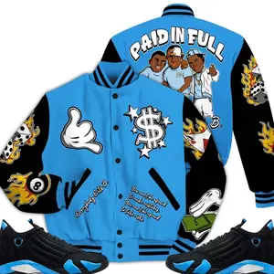 14 University Blue Outfits, Black University Blue 14s Varsity Jacket, Money Paid In Full Unisex T-Shirts To Match Sneakers Streetwear