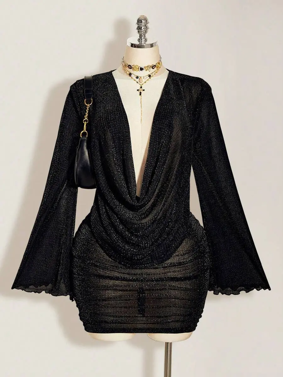 Plus Size Women's Gold Plunging Neck Mini Party Dress Black See Through Dress Slay Diva Dress Fall