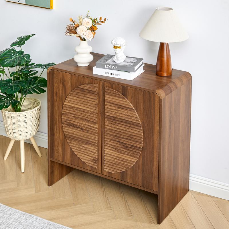 Giratree Mid-Century Fluted Wood Sideboard Buffet – 31" Curved Storage Cabinet with Round Textured Doors & Adjustable Shelves, Brown Accent Credenza for Living Room or Kitchen