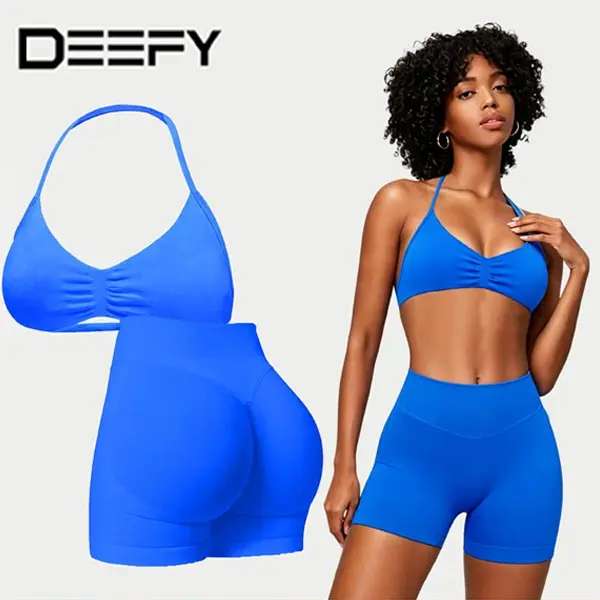 [SIZE UP 1] DEEFY Two-Pieces Suit Impact Strappy Bra&Impact Shorts Fitness Yoga Sports Women Activewear Gym Outdoor Tank Tops Hidden Scrunch Butt Lifting Gymwear Shorts Womenswear
