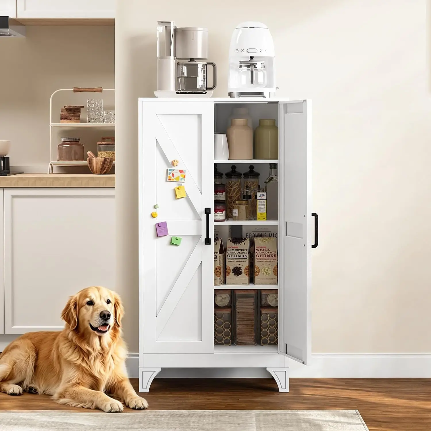Yizosh 47"H Farmhouse Style Metal Storage Cabinet with 2 Doors & 3 Shelves - Freestanding Floor Cabinet with Legs for Kitchen, Bathroom, Laundry Room