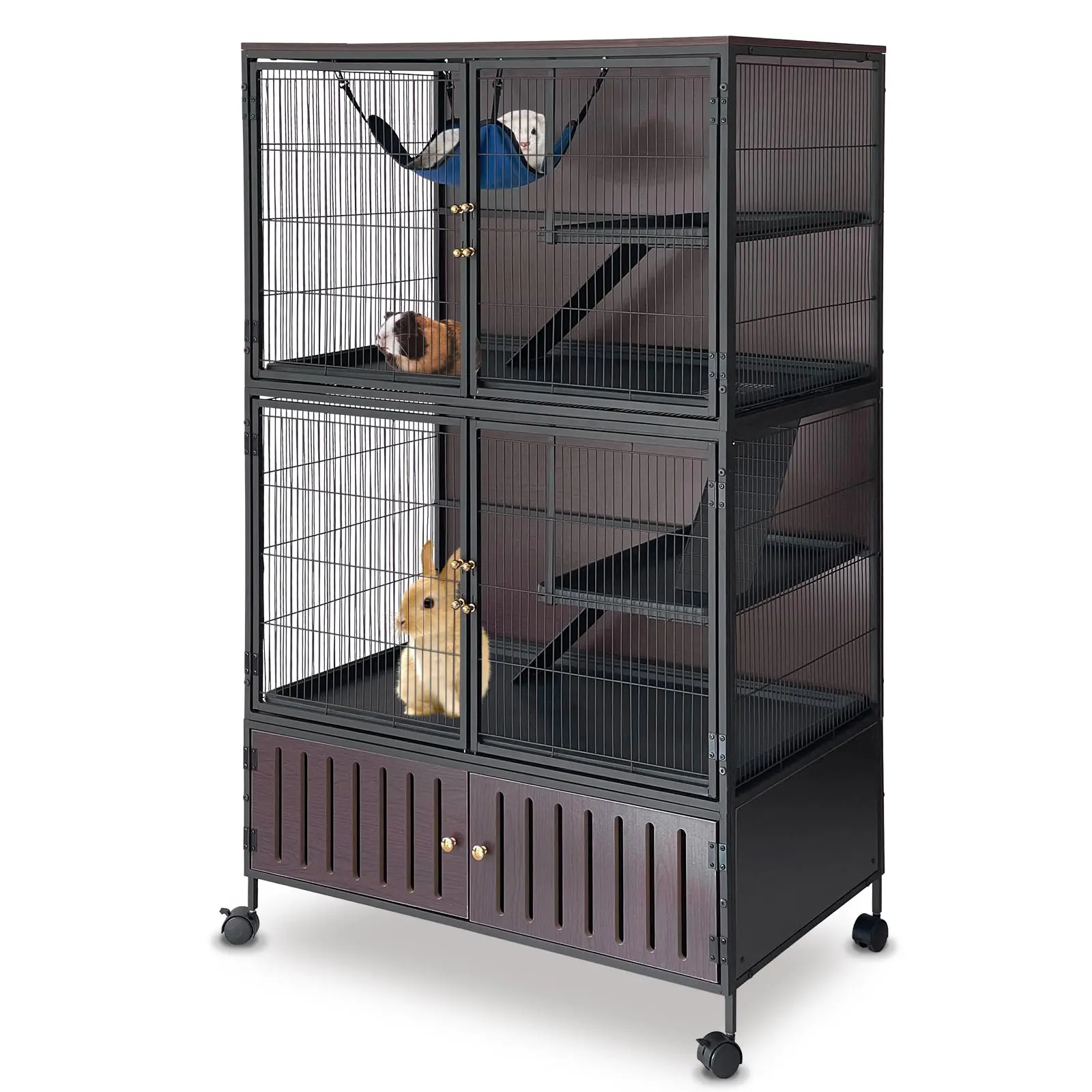 GAOMON 60" Large Metal Ferret Cage with 3 Removable Ramps & Storage Cabinet, Double Door Chinchilla Cage, Small Animal Pet Crate Furniture on Wheels Black